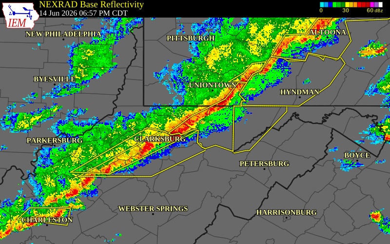 NEXRAD radar during the Sunday, June 14, 2026 storm activity in Monongalia County, West Virginia