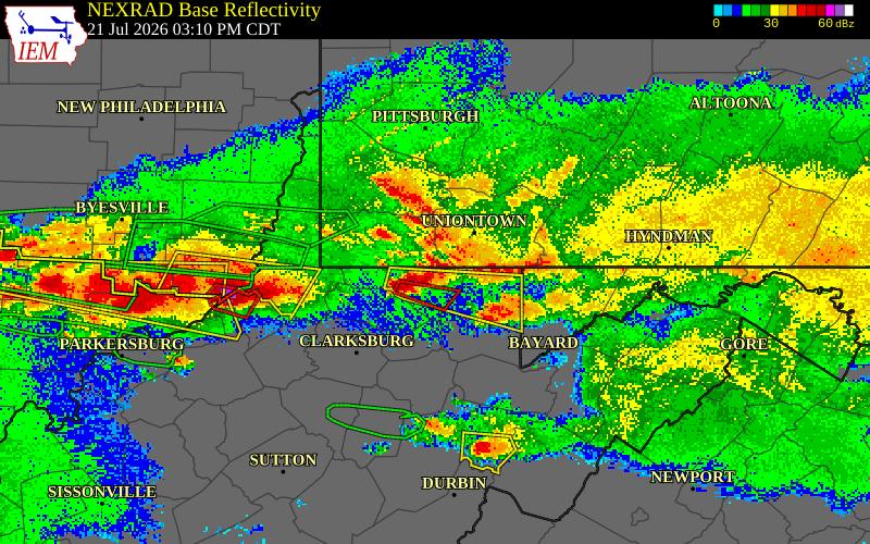 NEXRAD radar during the Tuesday, July 21, 2026 storm activity in Monongalia County, West Virginia