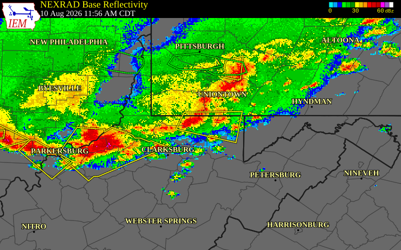 NEXRAD radar during the Monday, August 10, 2026 storm activity in Monongalia County, West Virginia