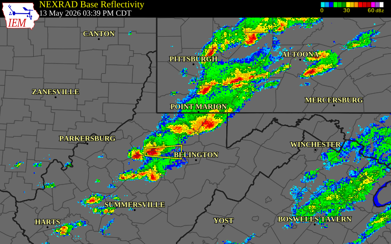 Radar snapshot during the May 13, 2026 hail event near 3 S Morgantown, Monongalia County, West Virginia, with NWS warning polygons