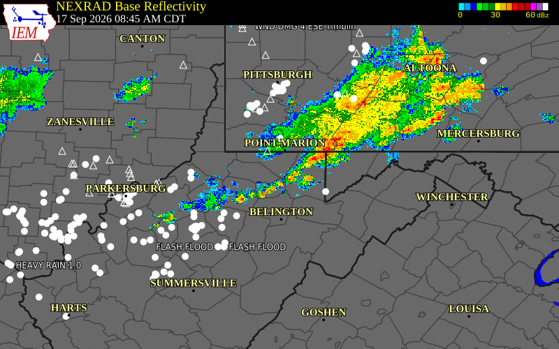 Current NEXRAD radar over Monongalia County, West Virginia with recent storm report locations