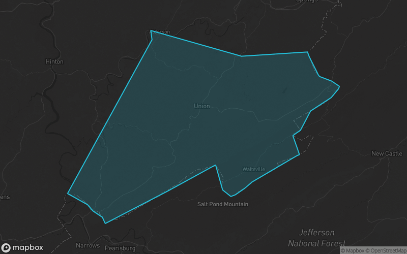 Map of Monroe County, West Virginia showing the county boundary and surrounding cities