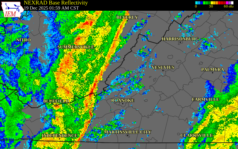 NEXRAD radar during the Friday, December 19, 2025 storm activity in Monroe County, West Virginia