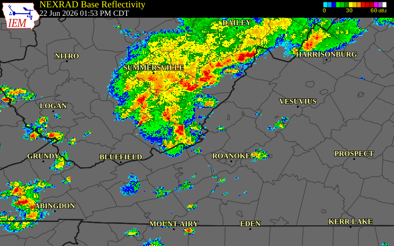 NEXRAD radar during the Monday, June 22, 2026 storm activity in Monroe County, West Virginia