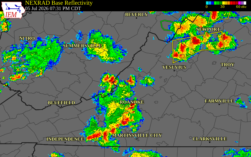 NEXRAD radar during the Sunday, July 5, 2026 storm activity in Monroe County, West Virginia