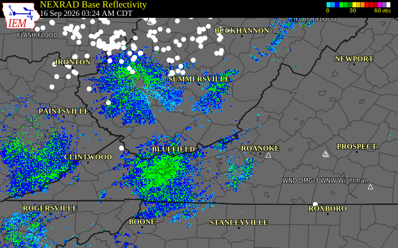 Current NEXRAD radar over Monroe County, West Virginia with recent storm report locations