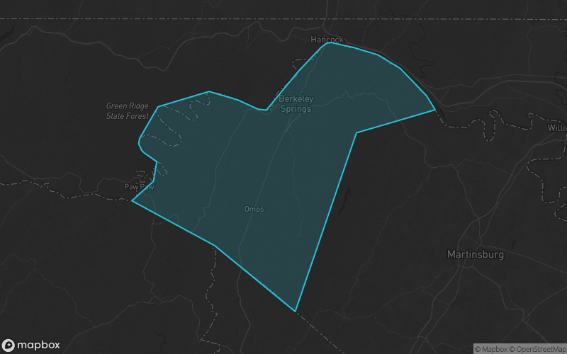 Map of Morgan County, West Virginia showing the county boundary and surrounding cities