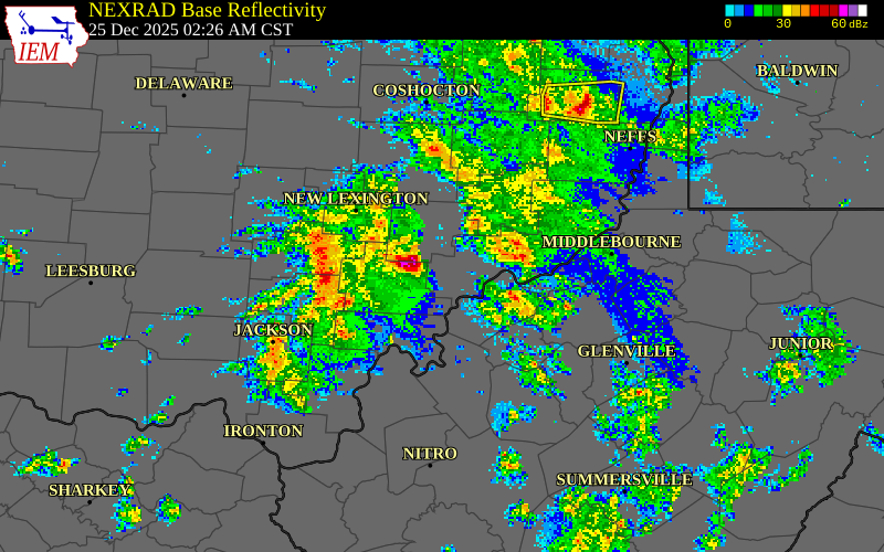 NEXRAD radar during the Thursday, December 25, 2025 storm activity in Morgan County, West Virginia