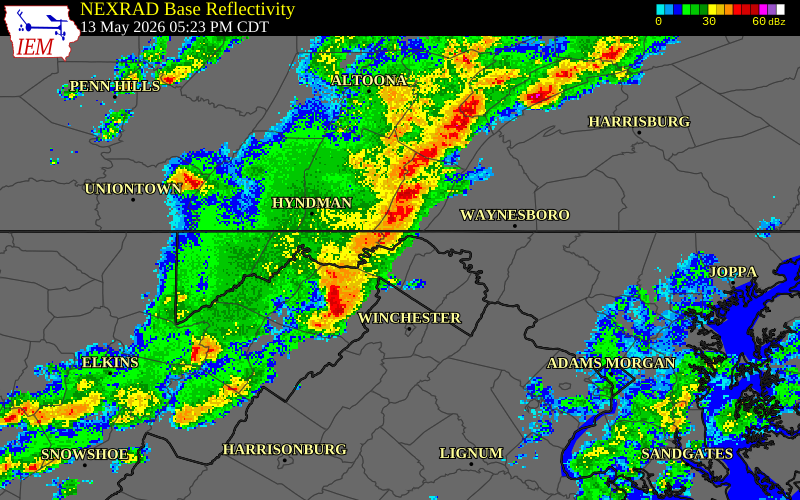 NEXRAD radar during the Wednesday, May 13, 2026 storm activity in Morgan County, West Virginia