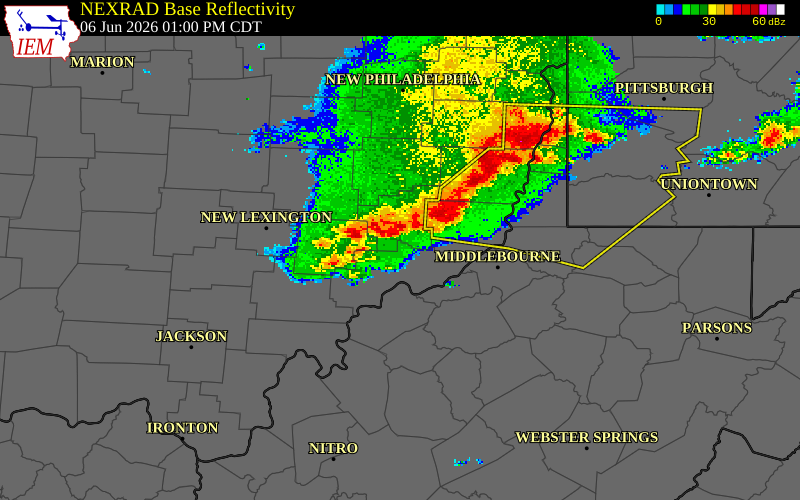 NEXRAD radar during the Saturday, June 6, 2026 storm activity in Morgan County, West Virginia