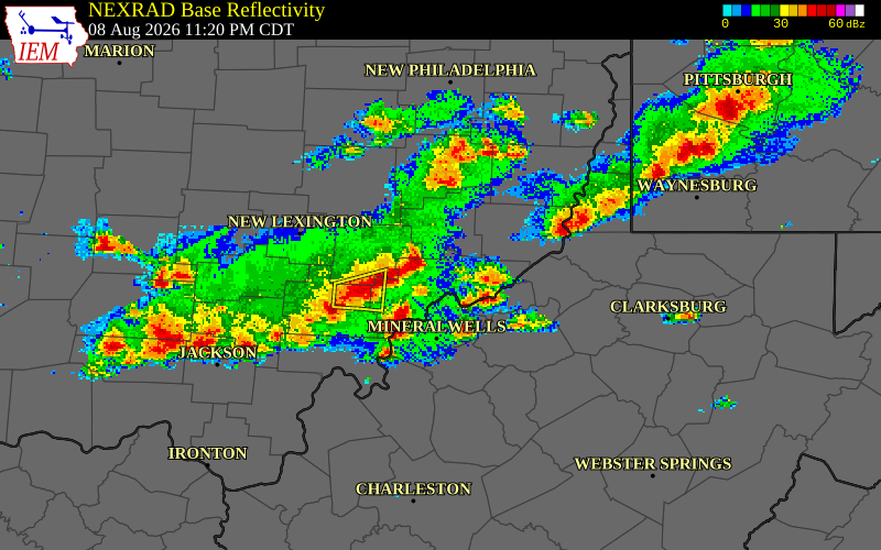 NEXRAD radar during the Sunday, August 9, 2026 storm activity in Morgan County, West Virginia