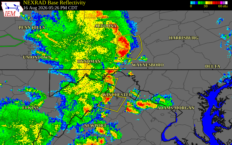 NEXRAD radar during the Sunday, August 16, 2026 storm activity in Morgan County, West Virginia