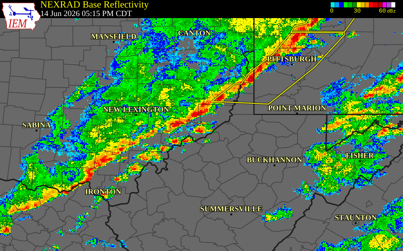 Radar snapshot during the Jun 14, 2026 wind event near Morgan County, Morgan County, West Virginia, with NWS warning polygons