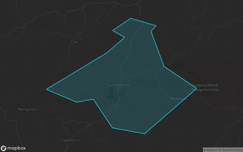 Map of Nicholas County, West Virginia showing the county boundary and surrounding cities