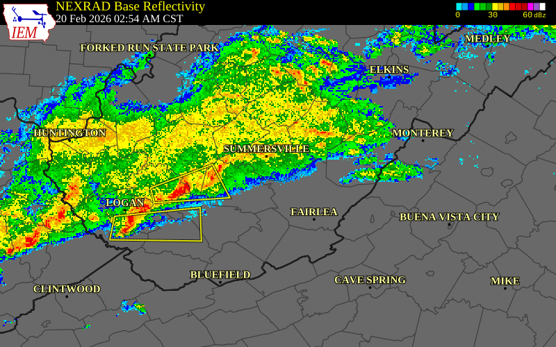 NEXRAD radar during the Friday, February 20, 2026 storm activity in Nicholas County, West Virginia