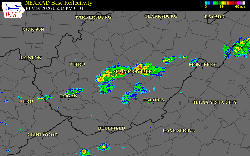 NEXRAD radar during the Sunday, May 10, 2026 storm activity in Nicholas County, West Virginia