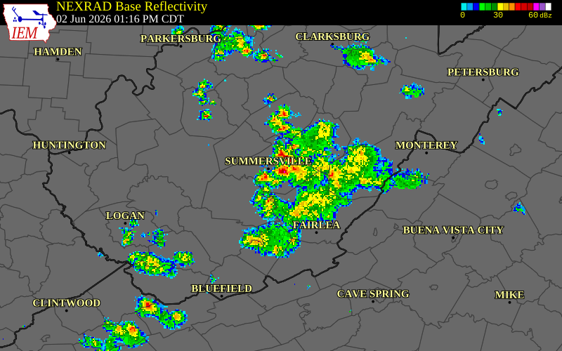NEXRAD radar during the Tuesday, June 2, 2026 storm activity in Nicholas County, West Virginia