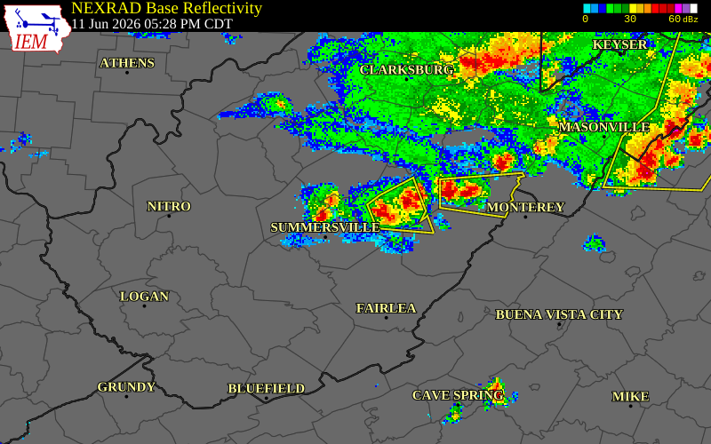NEXRAD radar during the Thursday, June 11, 2026 storm activity in Nicholas County, West Virginia