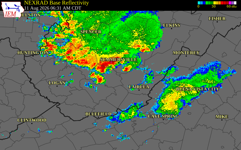 NEXRAD radar during the Tuesday, August 11, 2026 storm activity in Nicholas County, West Virginia