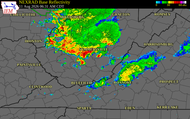 Radar snapshot during the Aug 11, 2026 wind event near Nicholas County, Nicholas County, West Virginia, with NWS warning polygons