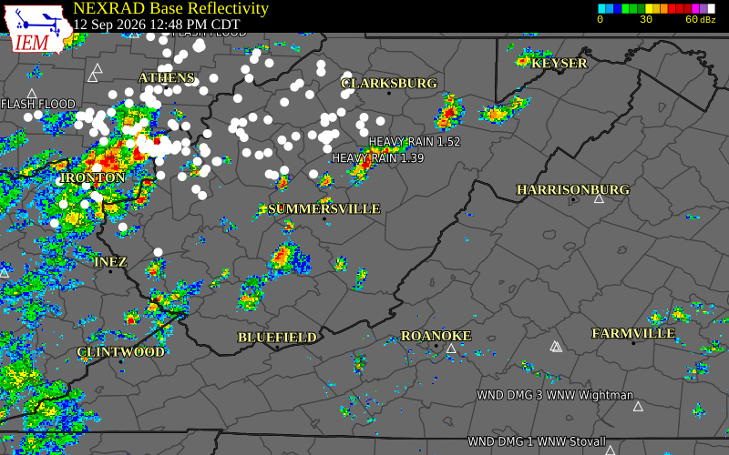 Current NEXRAD radar over Nicholas County, West Virginia with recent storm report locations