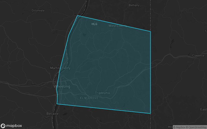 Map of Ohio County, West Virginia showing the county boundary and surrounding cities