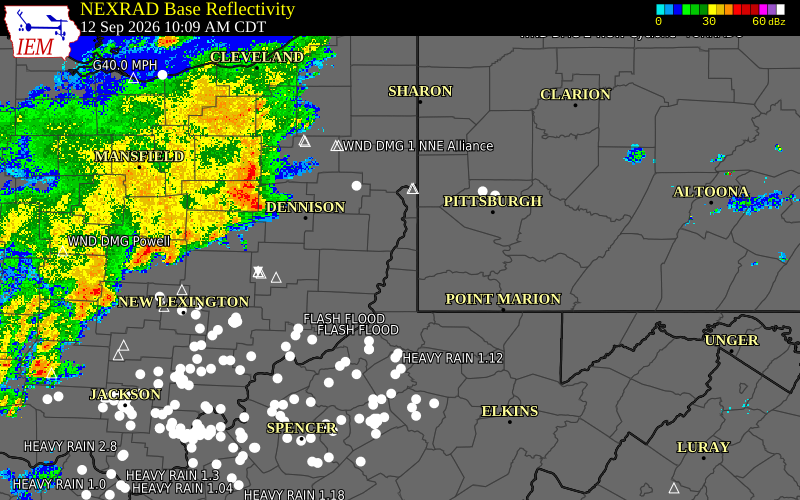 Current NEXRAD radar over Ohio County, West Virginia with recent storm report locations