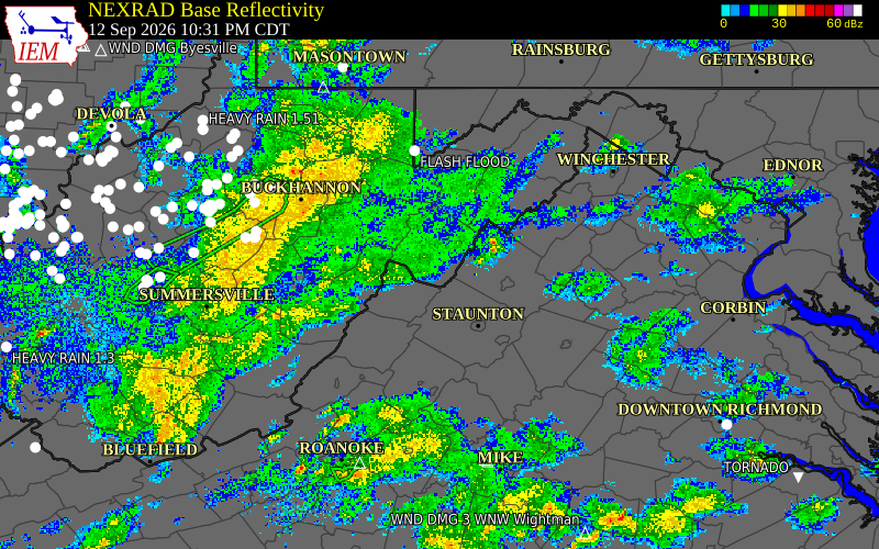 Current NEXRAD radar over Pendleton County, West Virginia with recent storm report locations
