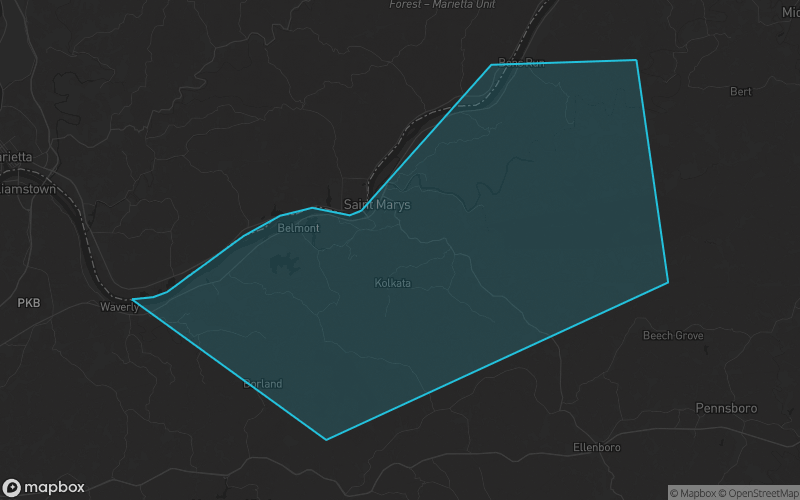 Map of Pleasants County, West Virginia showing the county boundary and surrounding cities