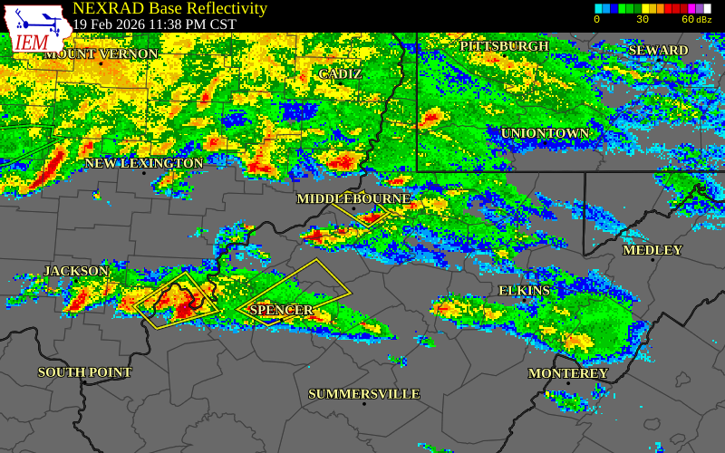 NEXRAD radar during the Friday, February 20, 2026 storm activity in Pleasants County, West Virginia