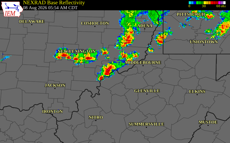 NEXRAD radar during the Saturday, August 8, 2026 storm activity in Pleasants County, West Virginia