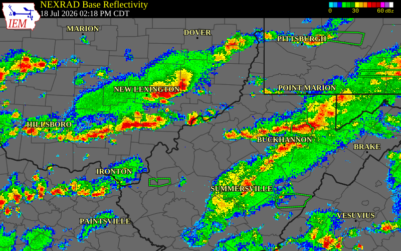 Radar snapshot during the Jul 18, 2026 wind event near Pleasants County, Pleasants County, West Virginia, with NWS warning polygons