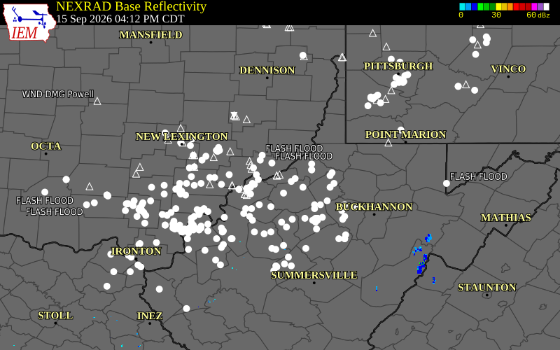 Current NEXRAD radar over Pleasants County, West Virginia with recent storm report locations