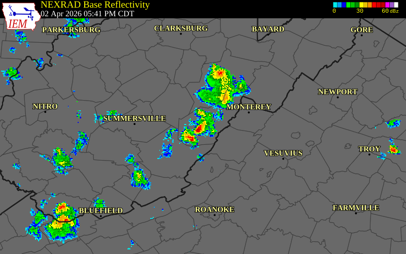NEXRAD radar during the Thursday, April 2, 2026 storm activity in Pocahontas County, West Virginia