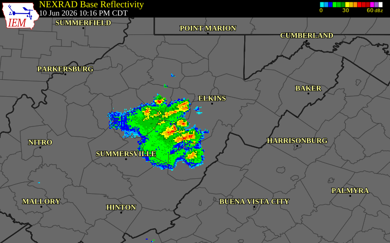 NEXRAD radar during the Wednesday, June 10, 2026 storm activity in Pocahontas County, West Virginia
