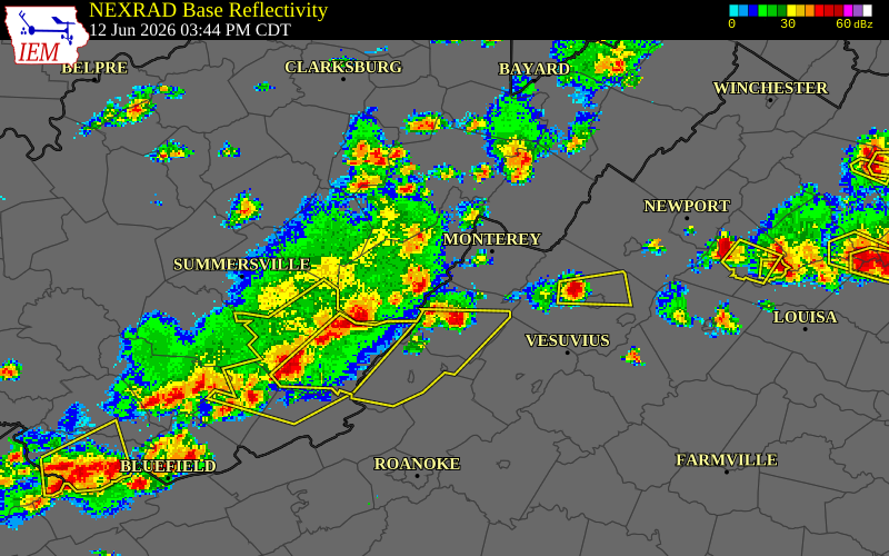 NEXRAD radar during the Friday, June 12, 2026 storm activity in Pocahontas County, West Virginia