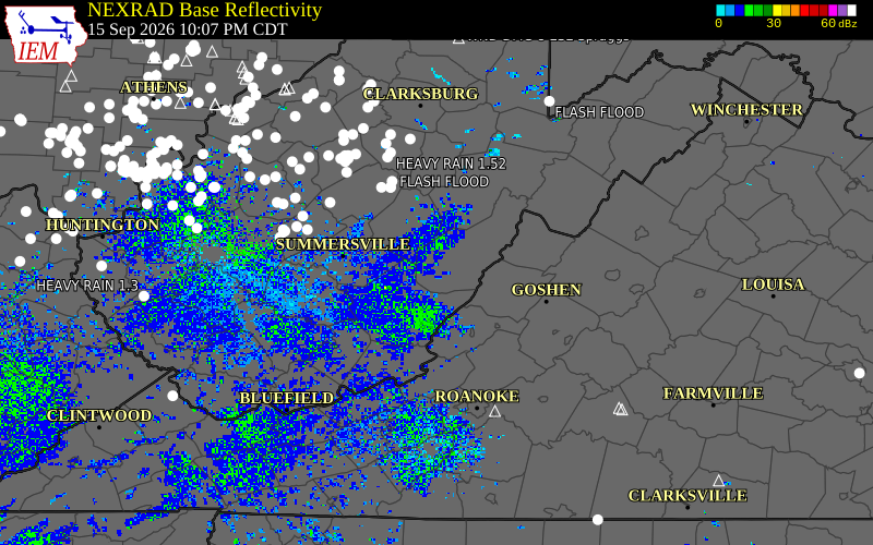 Current NEXRAD radar over Pocahontas County, West Virginia with recent storm report locations