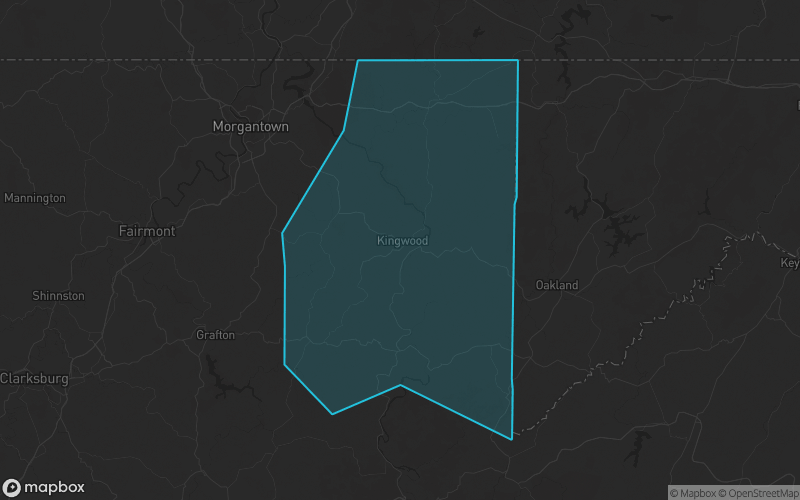 Map of Preston County, West Virginia showing the county boundary and surrounding cities