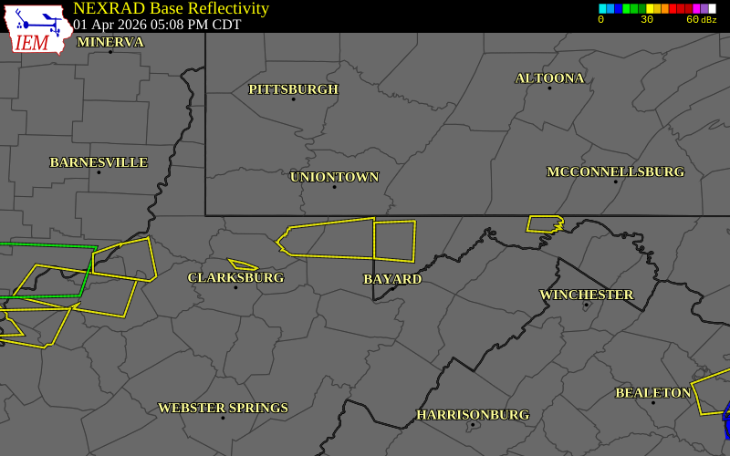 NEXRAD radar during the Wednesday, April 1, 2026 storm activity in Preston County, West Virginia