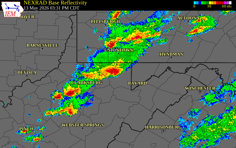 NEXRAD radar during the Wednesday, May 13, 2026 storm activity in Preston County, West Virginia