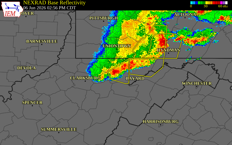NEXRAD radar during the Saturday, June 6, 2026 storm activity in Preston County, West Virginia