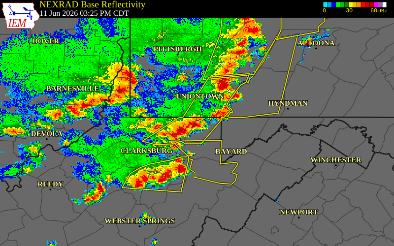 NEXRAD radar during the Thursday, June 11, 2026 storm activity in Preston County, West Virginia