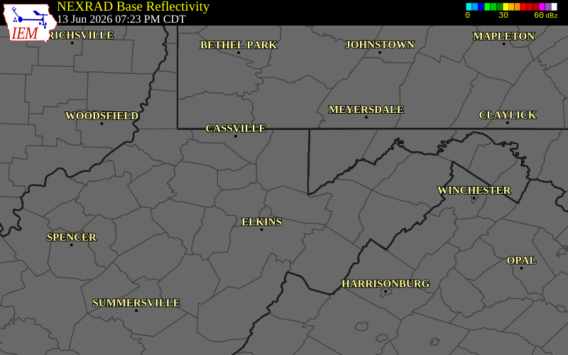 NEXRAD radar during the Saturday, June 13, 2026 storm activity in Preston County, West Virginia