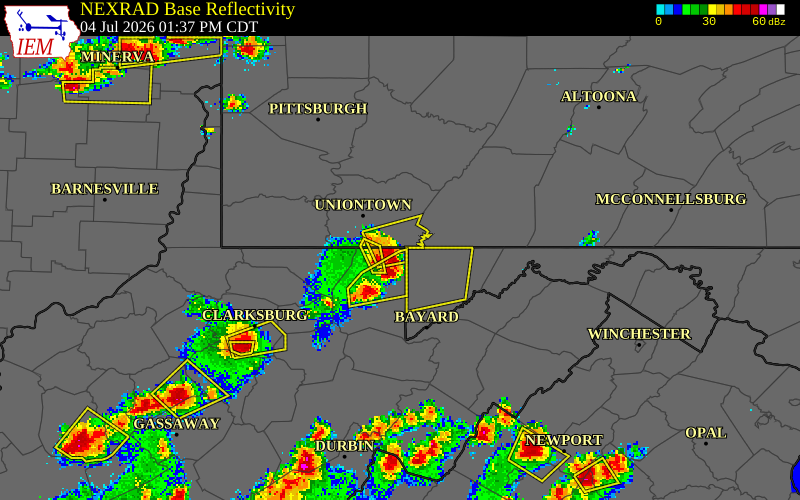 NEXRAD radar during the Saturday, July 4, 2026 storm activity in Preston County, West Virginia