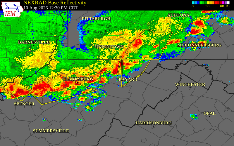 NEXRAD radar during the Monday, August 10, 2026 storm activity in Preston County, West Virginia