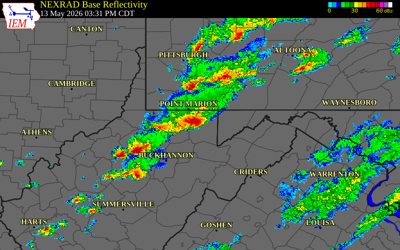 Radar snapshot during the May 13, 2026 tornado event near 3 E Reedsville, Preston County, West Virginia, with NWS warning polygons