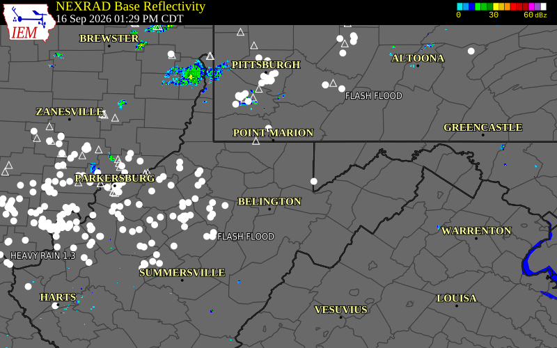 Current NEXRAD radar over Preston County, West Virginia with recent storm report locations