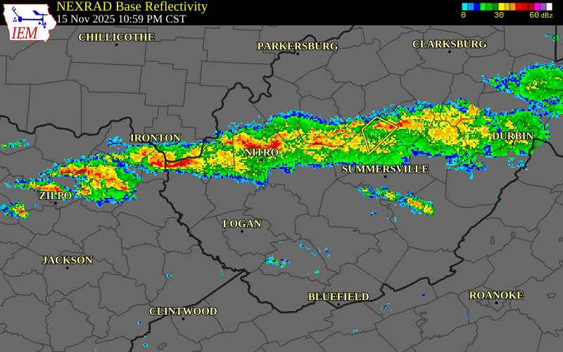 NEXRAD radar during the Saturday, November 15, 2025 storm activity in Putnam County, West Virginia