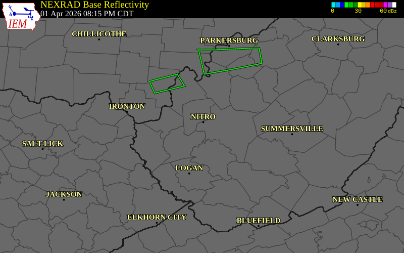 NEXRAD radar during the Wednesday, April 1, 2026 storm activity in Putnam County, West Virginia