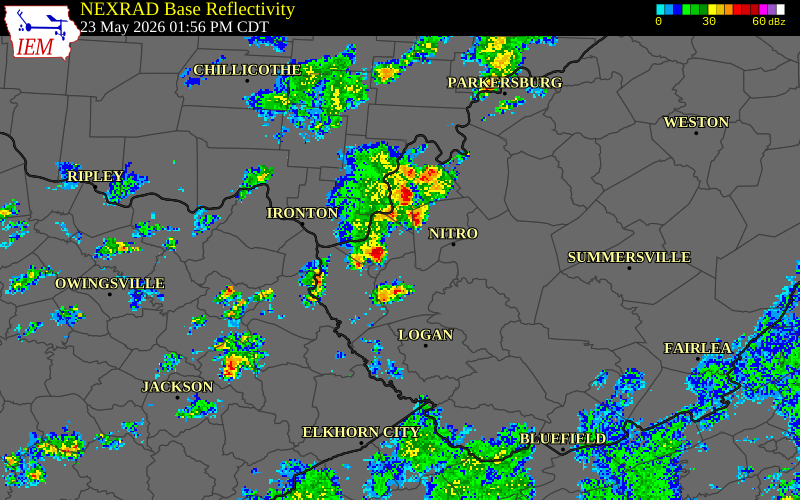 NEXRAD radar during the Saturday, May 23, 2026 storm activity in Putnam County, West Virginia